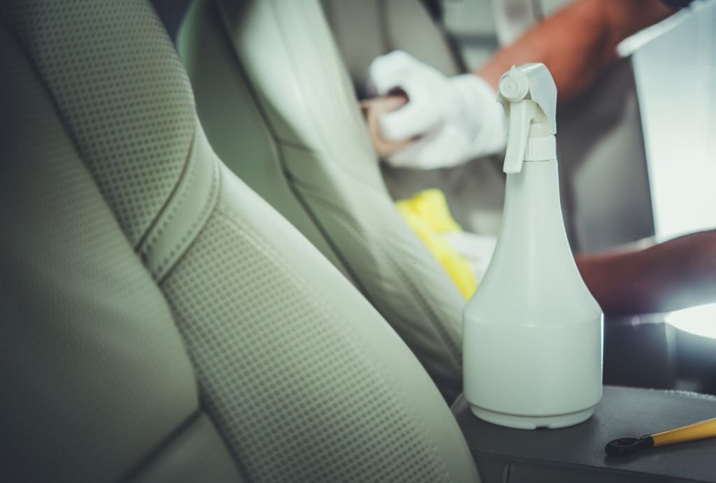 Car Leather Interior Cleaning Detergent Closeup Photo.